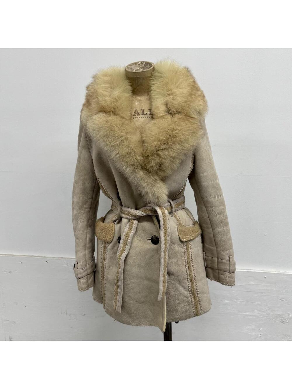 Vintage Beige Suede & Shearling Coat w Fox Fur Collar